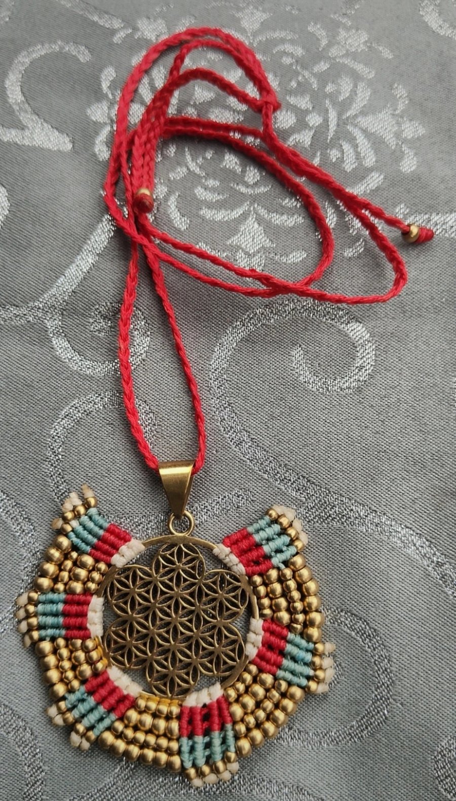 Red White Blue macrame Tibetan Pendant with Brass Flower of Life 
