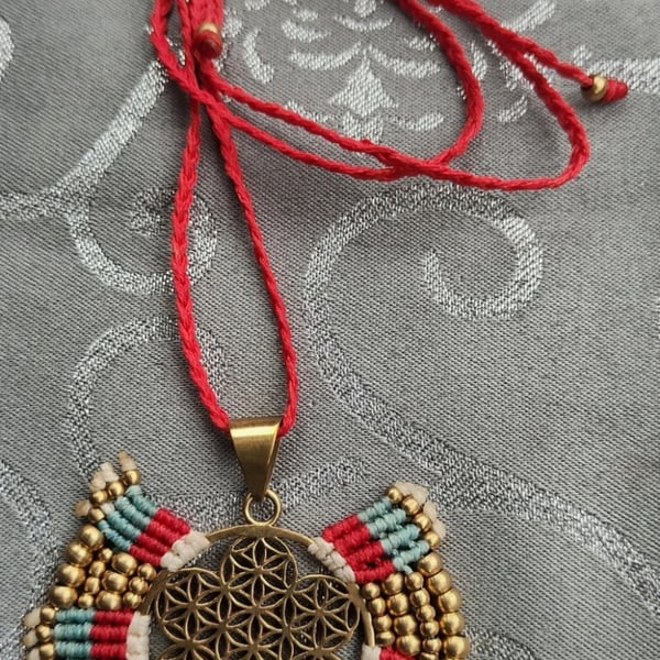 Red White Blue macrame Tibetan Pendant with Brass Flower of Life 