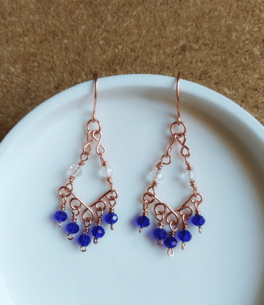Blue Chandelier Earrings in Copper