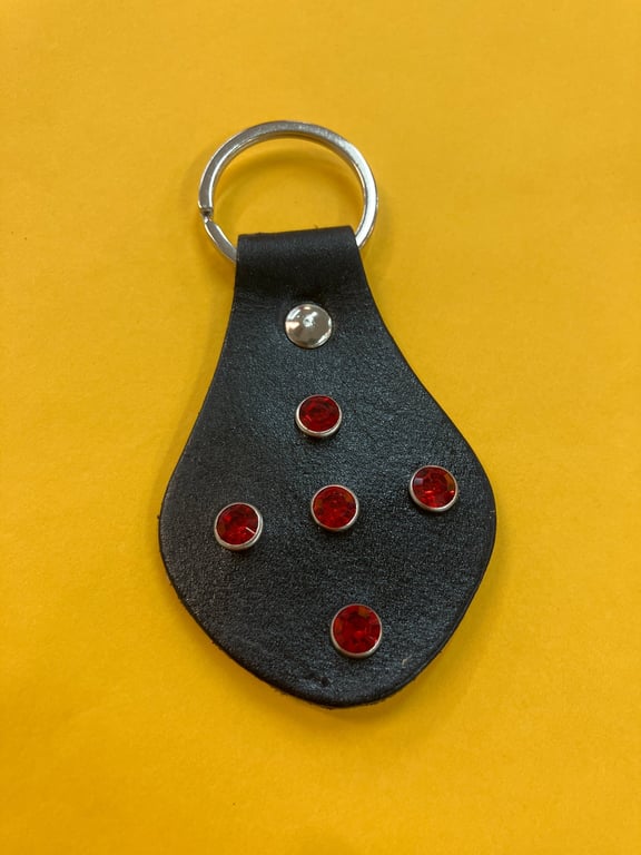 Black Leather Keyring with 5 Red Gemstones - Free Shipping