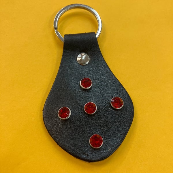 Black Leather Keyring with 5 Red Gemstones - Free Shipping