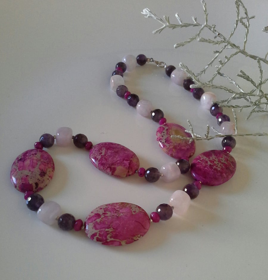 Jasper, Amethyst & Rose Quartz 925 Sterling Silver Necklace