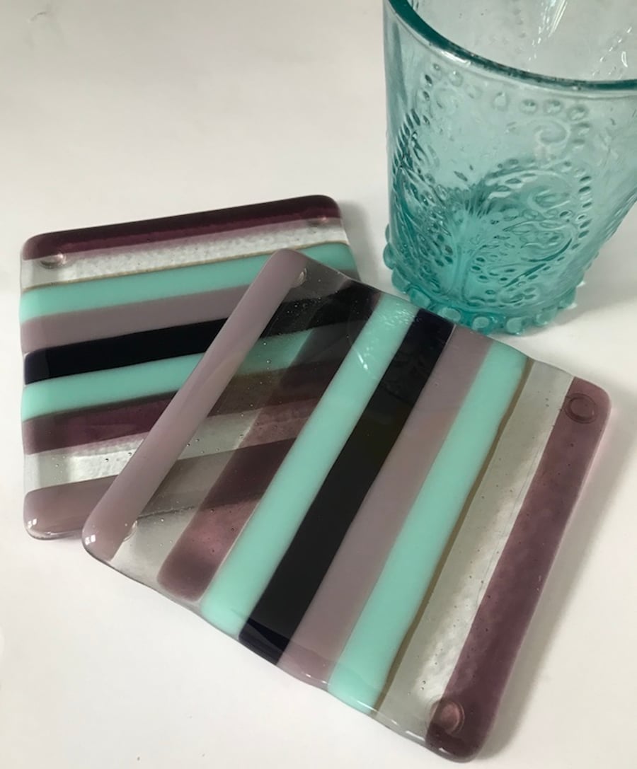 Pair of Purple Aqua Striped Glass Coasters
