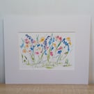 Floral abstract pen and watercolour in a white mount ready to frame