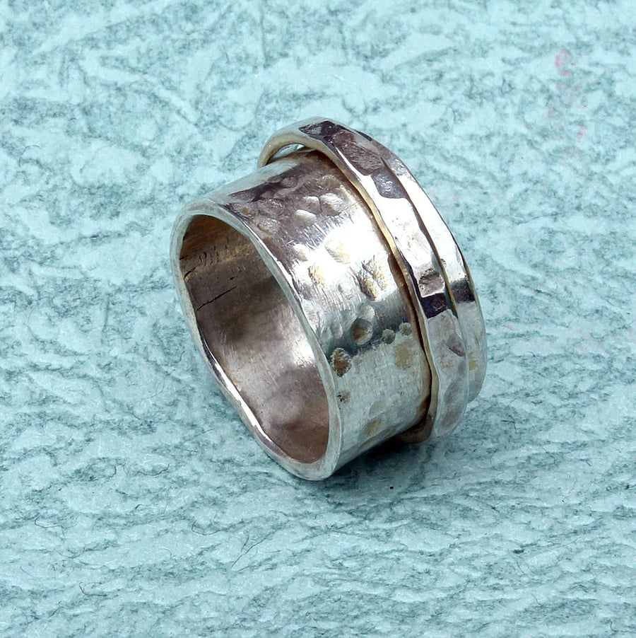 Silver Spinner or Fidget Ring - Textured Sterling Band With Moving Outer Ring 