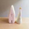 Miniature ceramic church & Christmas tree, pottery church stocking filler