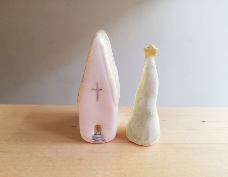 Miniature ceramic church & Christmas tree, pottery church stocking filler
