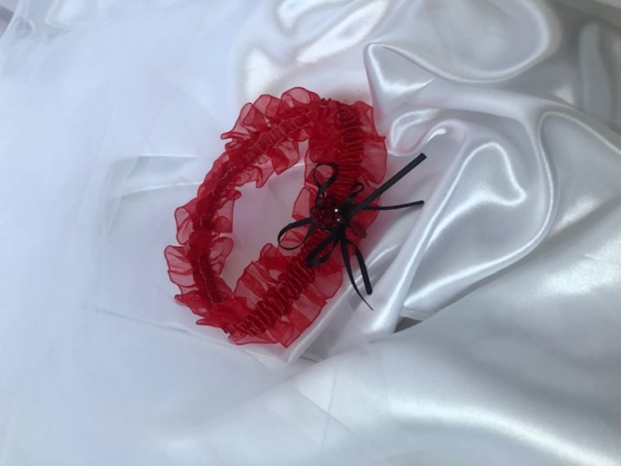 Red Organza & Satin Garter with Red Crystal Detail  - Many Sizes Available 