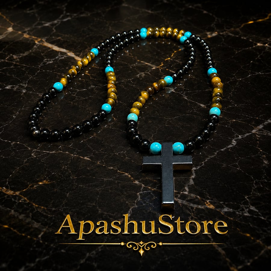 Image of Men’s Natural Stone Cross Necklace – Black Onyx, Tiger Eye and Turquoise – 26 In