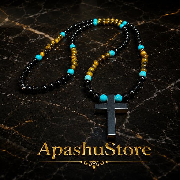 Men’s Natural Stone Cross Necklace – Black Onyx, Tiger Eye and Turquoise – 26 In