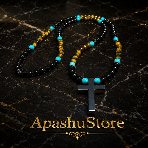 Men’s Natural Stone Cross Necklace – Black Onyx, Tiger Eye and Turquoise – 26 In
