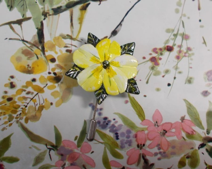 Spring Yellow PRIMROSE PIN Wedding Lapel Flower Brooch Pin HANDMADE HAND PAINTED
