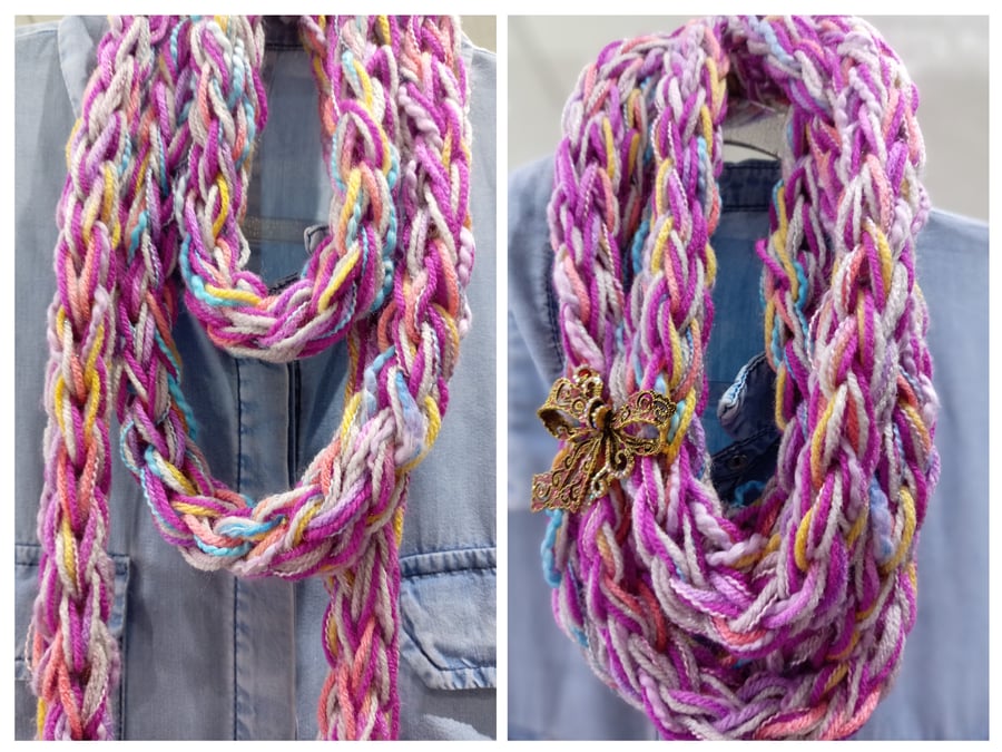 Pastel Pink Skinny Finger Knitted Infinity Scarf 
