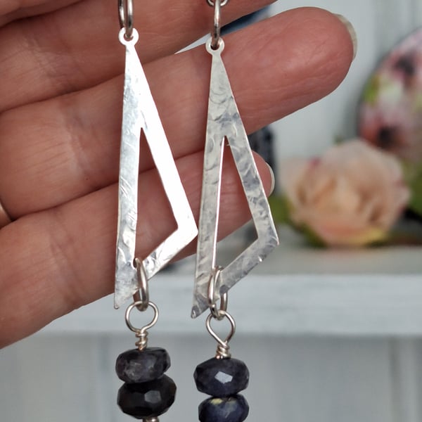 Blue Labradorite dangly triangle statement earrings 