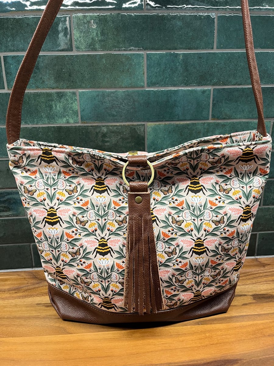 Bee Fabric and Leather Shoulder Bag