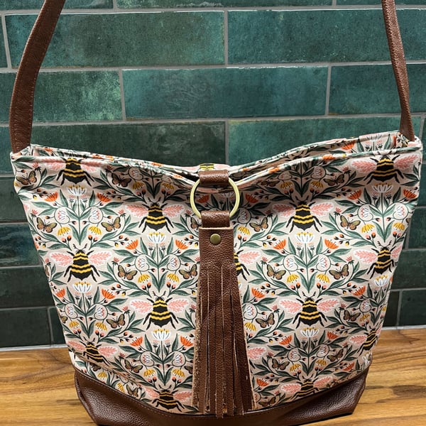 Bee Fabric and Leather Shoulder Bag