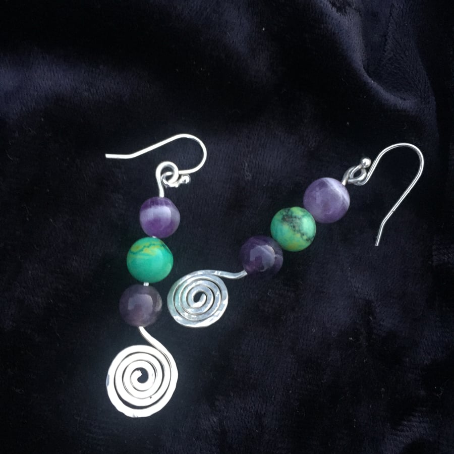 Sterling Silver spiral amethyst and emerald handmade earrings 