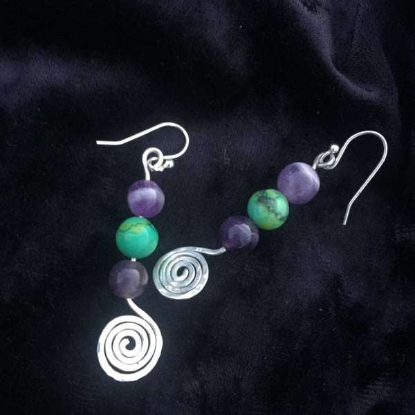 Sterling Silver spiral amethyst and emerald handmade earrings 