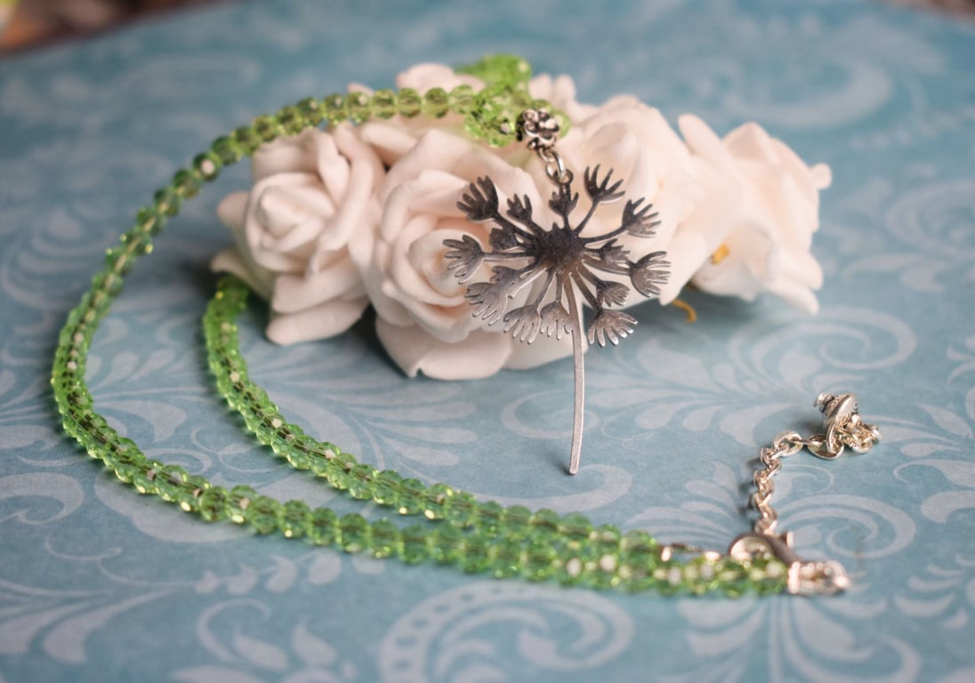 Dandelion Pendant Necklace with Green Glass Beads, Nature Jewellery