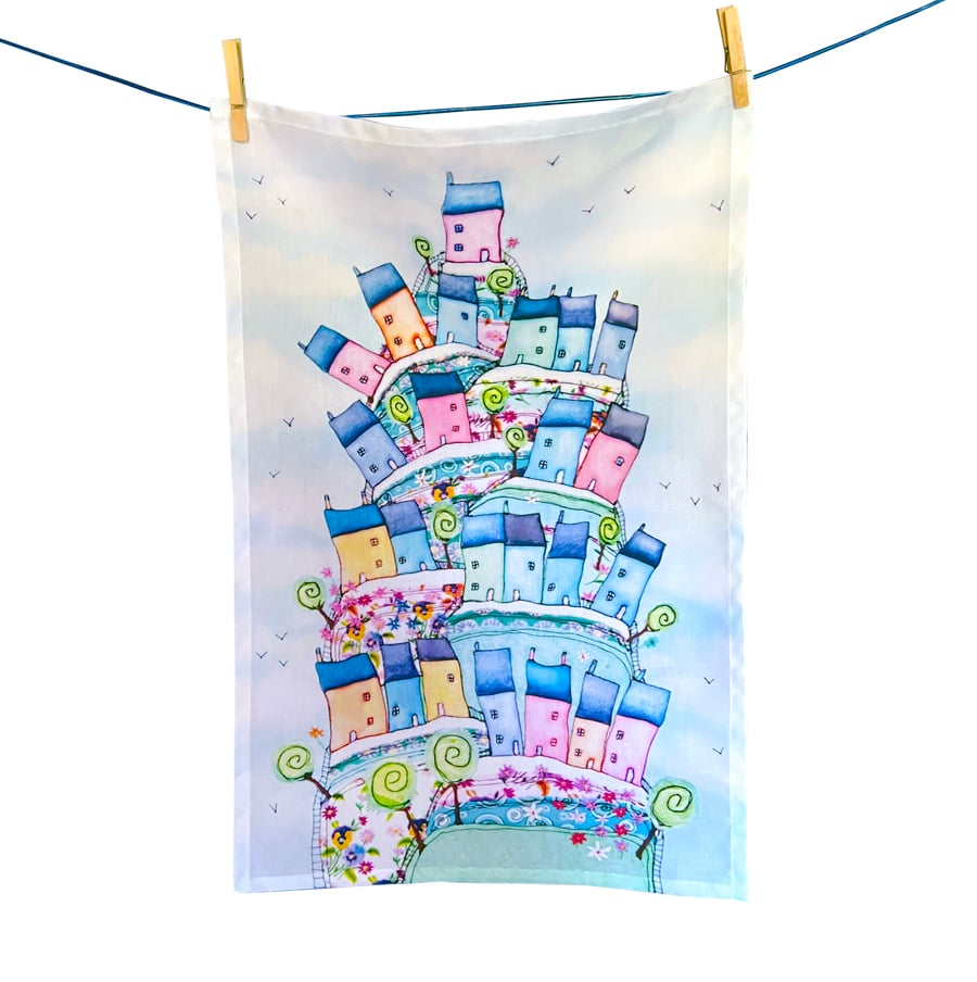 Higgledy Hill Tea Towel – Colourful Whimsical Houses Illustration
