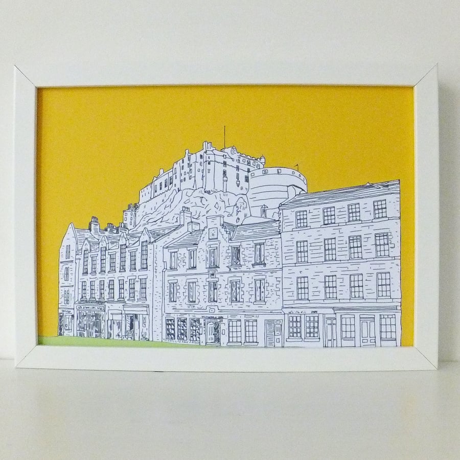 Edinburgh Castle Print in sunshine yellow, Edinburgh Picture, Scottish Art