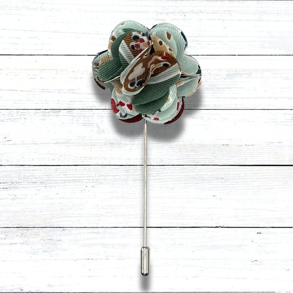Flower Lapel Pin - Green and Brown Fabric, Perfect for Wedding 