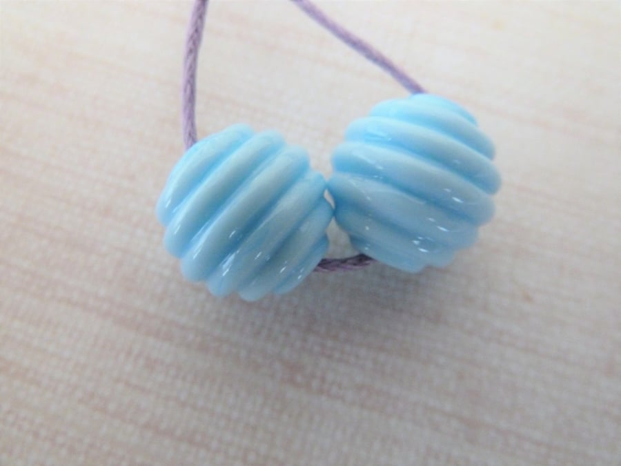 baby blue ribbed pair, handmade lampwork glass beads