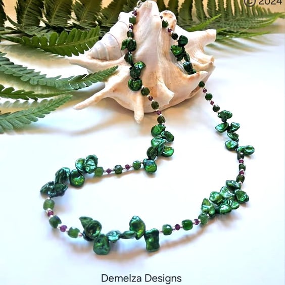 Keshi Pearl, Russian Diopside, Rare Rhodalite Garnet Sterling Silver Necklace 