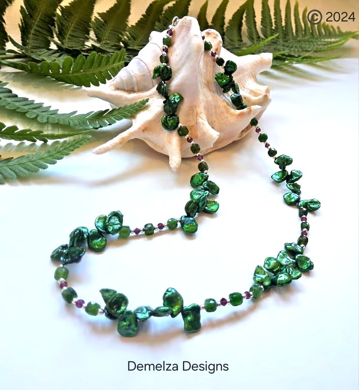 Keshi Pearl, Russian Diopside, Rare Rhodalite Garnet Sterling Silver Necklace 