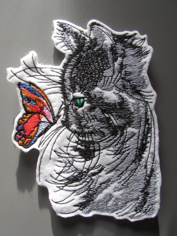 Cat with butterfly Embroidered Sew on Applique Patch