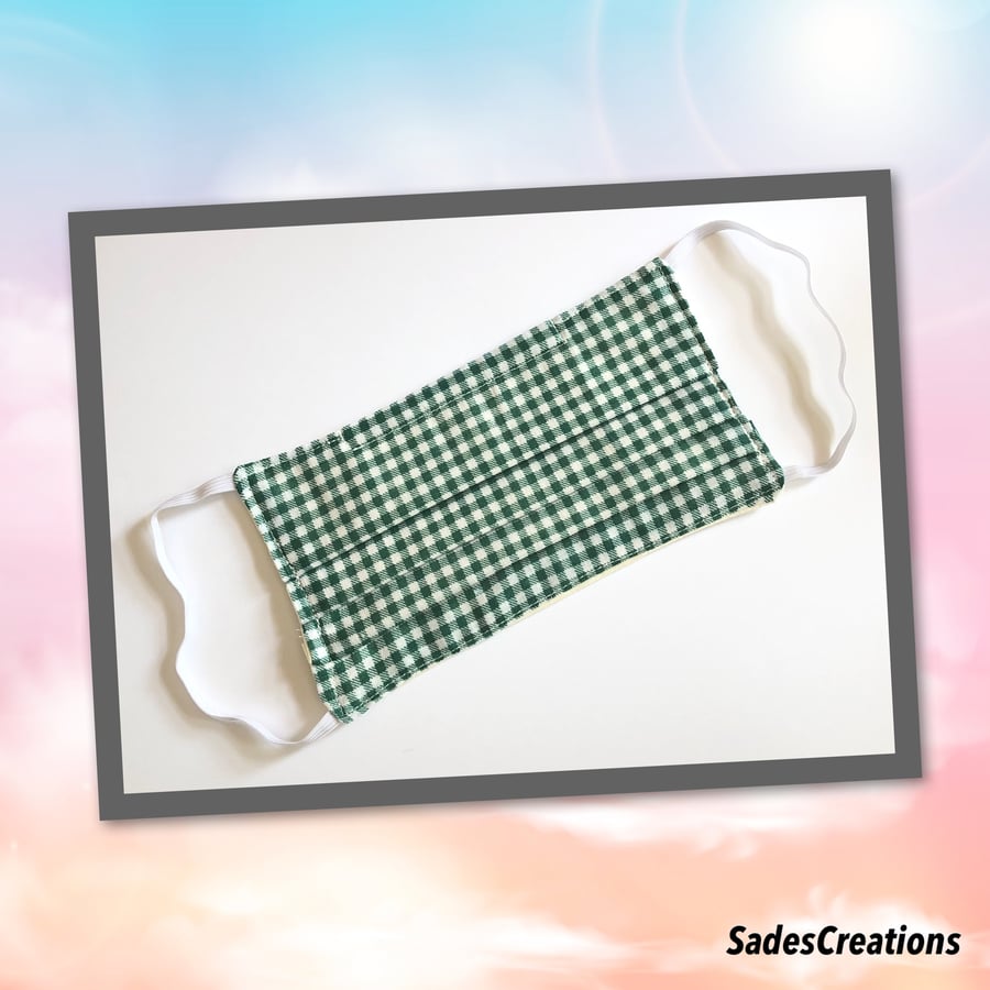 Two Layer Face Covering with Nose Wire in Green & White Check.. 100% Cotton