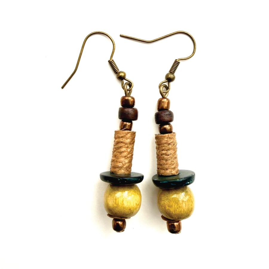 Earthy African Inspired Dark Green, Olive, Brown, Dangle Drop Handmade Earrings