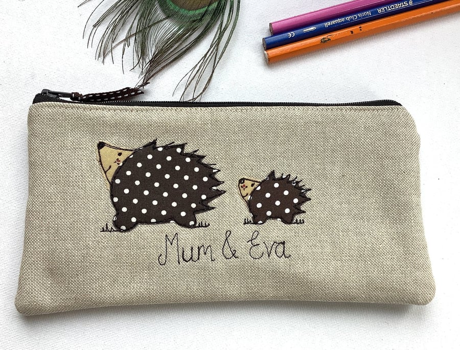 Personalised Hedgehog Makeup Bag - Customisable Cosmetic Pouch - Mummy and Baby 