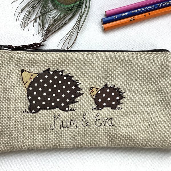 Personalised Hedgehog Makeup Bag - Customisable Cosmetic Pouch - Mummy and Baby 