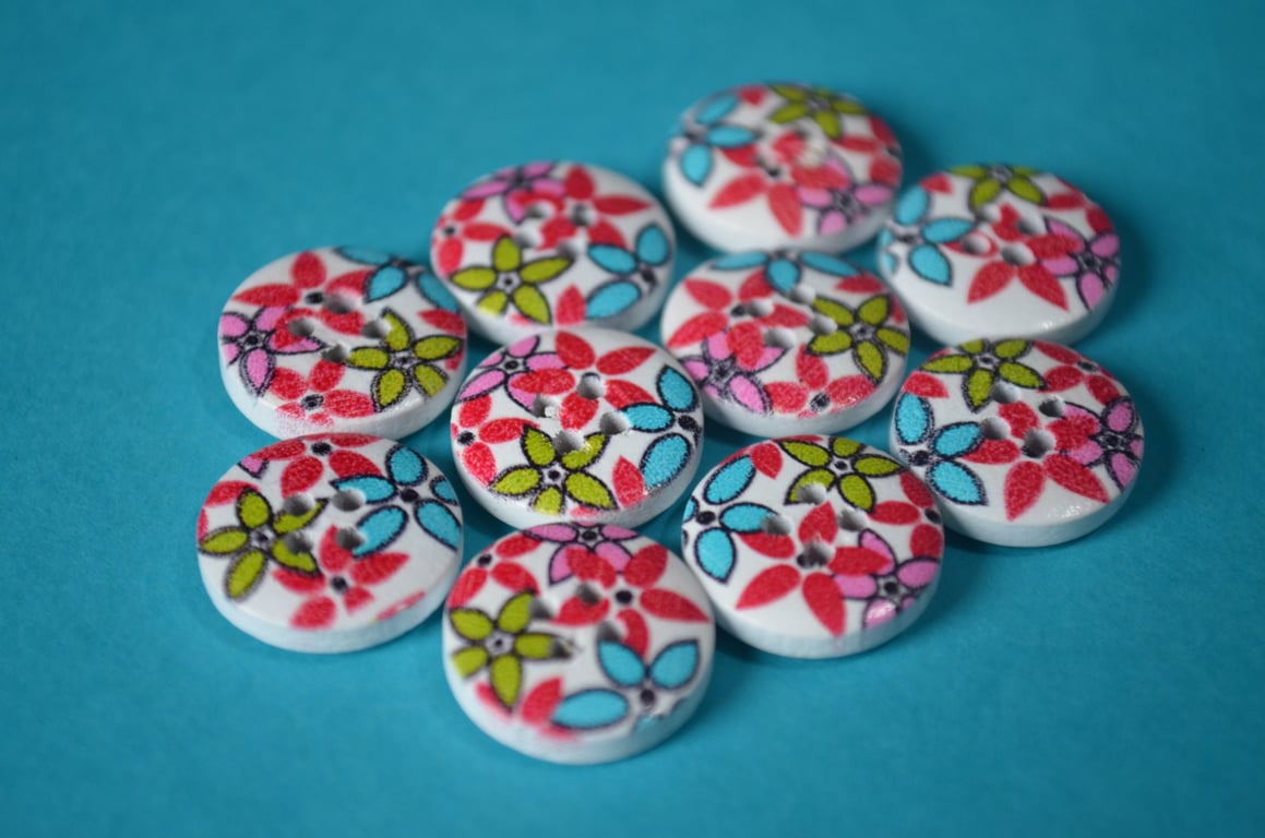 15mm Wooden Floral Buttons Red Turquoise Pink Green Yellow 10pk Flowers (SF25)