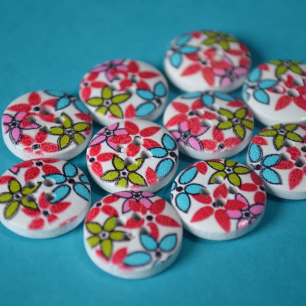 15mm Wooden Floral Buttons Red Turquoise Pink Green Yellow 10pk Flowers (SF25)