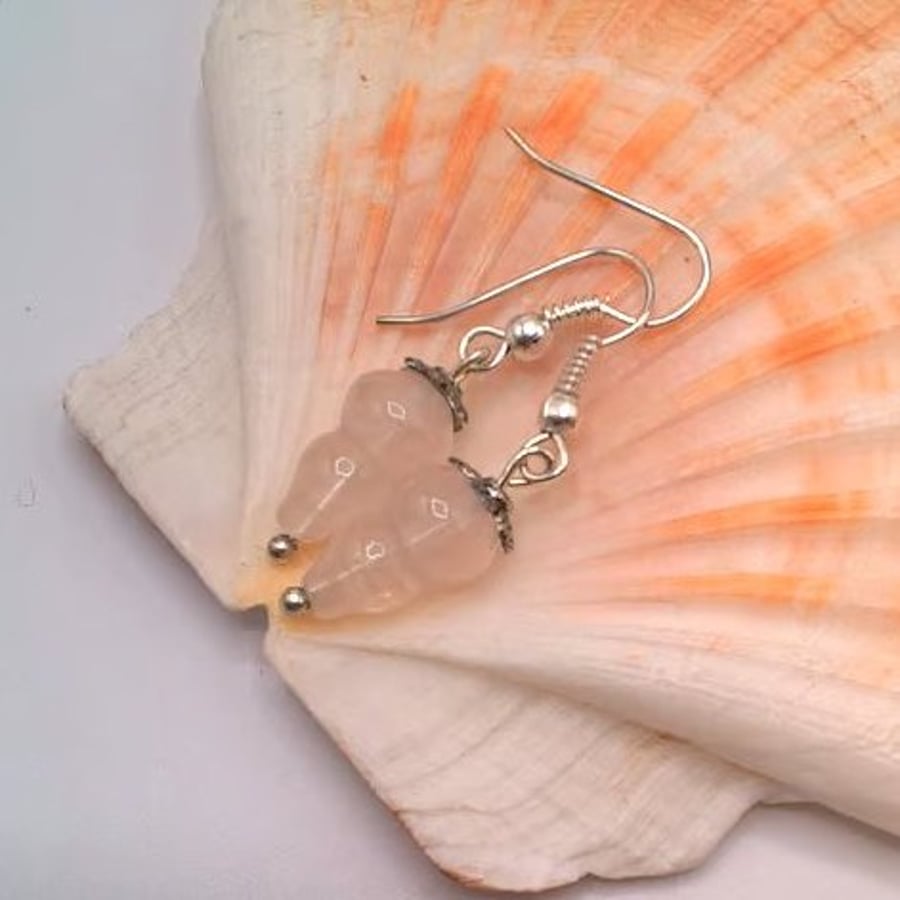  Earrings with Rose Quartz Bead and Silver Leaf Bead Cap, Gift for Her, Earrings