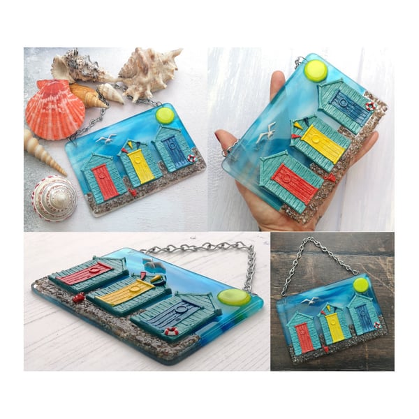 Handmade Fused Glass 3D Beach Huts Hanging Picture - Seaside Wall Art 