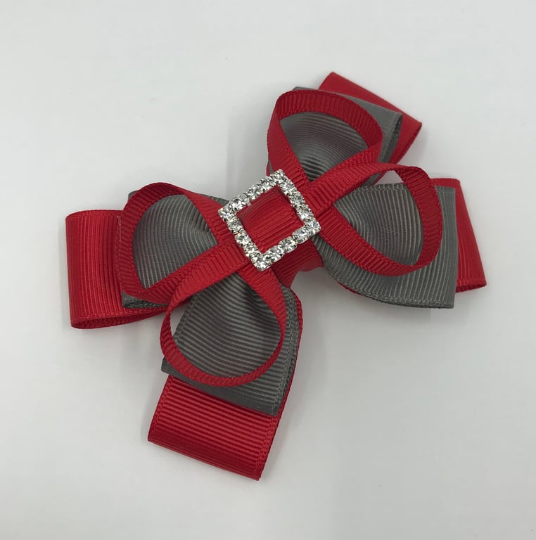 School Red and Grey Layer Bow with Red Loops on Clip