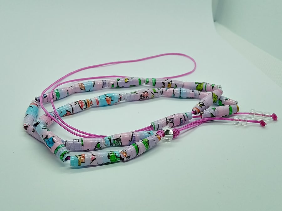 Handmade halloweiner pastel pink and blue varnished paper bead necklace