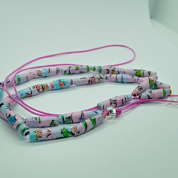 Handmade halloweiner pastel pink and blue varnished paper bead necklace