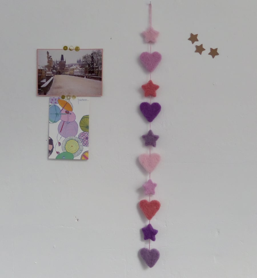 SALE- Needle Felted Garland- Hearts and Stars