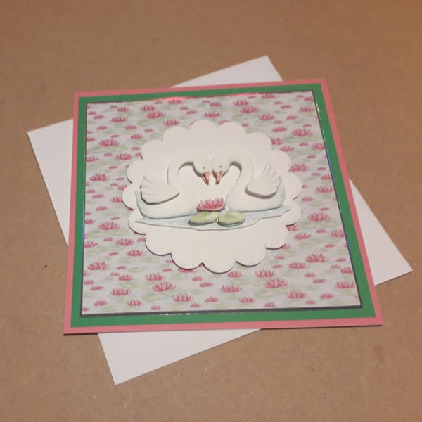 Beautiful Swan Decoupage Valentine, Wedding, Anniversary or Engagement Card