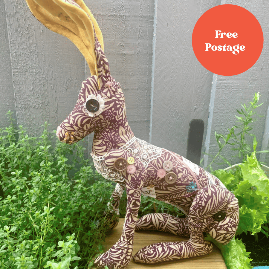 Fabric hare, room decor, doorstop, William Morris fabric Friend gift. free p&p