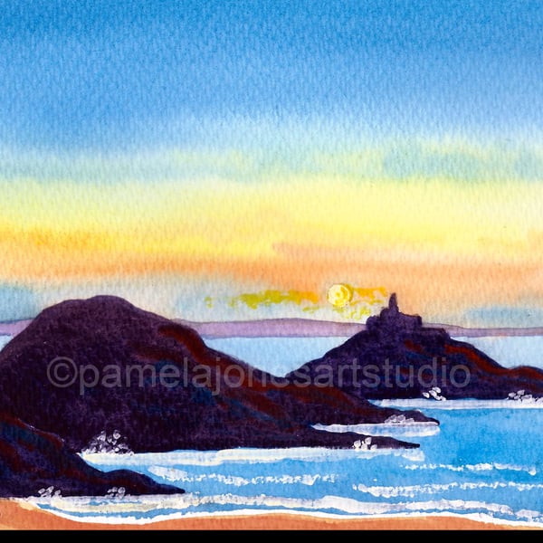 Watercolour Print, Silhouette, Mumbles Lighthouse,South Wales, in 9 x 7 '' Mount