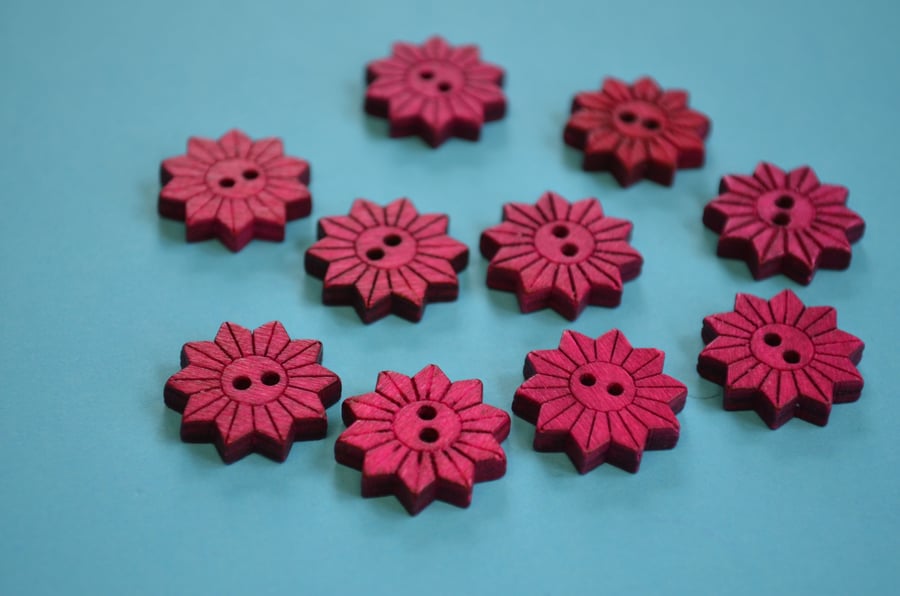Colourful Wooden Star Flower Buttons Floral Hot Pink 10pk Flowers 20x20mm (STF4)