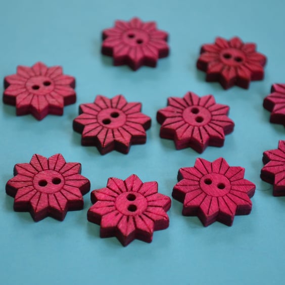 Colourful Wooden Star Flower Buttons Floral Hot Pink 10pk Flowers 20x20mm (STF4)