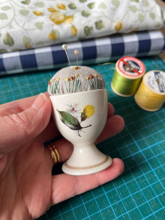 Pin cushion - yellow rose bud vintage egg cup - embroidered with bee and flowers