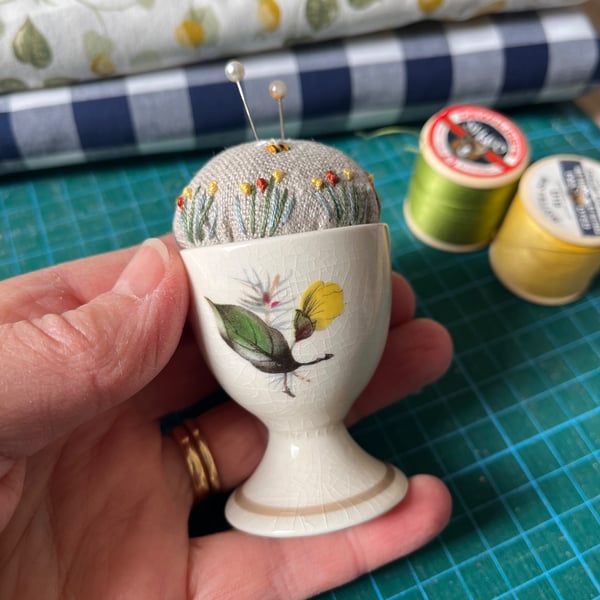 Pin cushion - yellow rose bud vintage egg cup - embroidered with bee and flowers