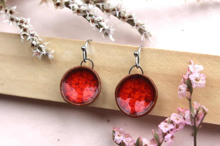 Handmade Red Ceramic Dangle Earrings, Foraged Bristol Clay